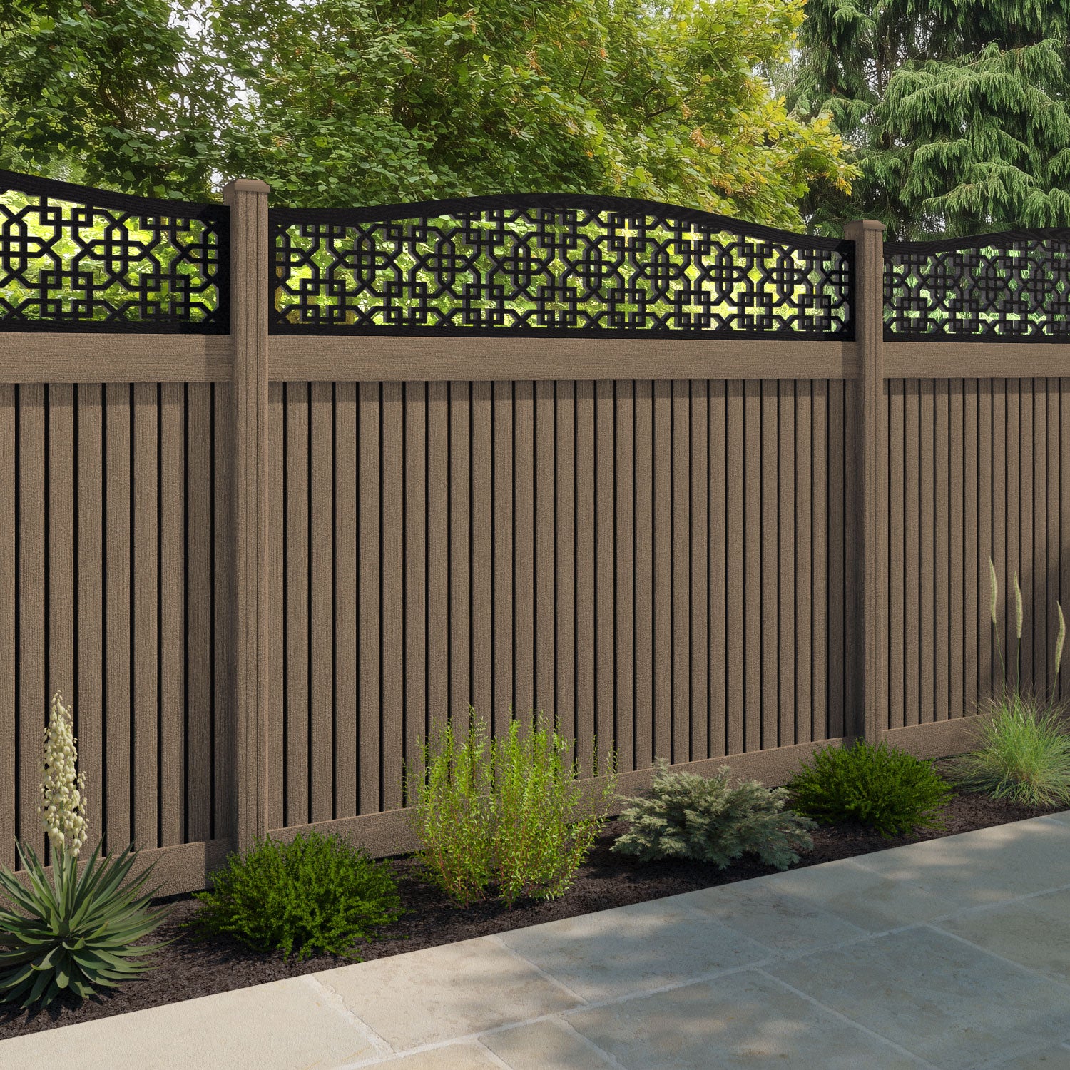 Virtis Zaria Curved Top Fence Panel - Teak - with our composite posts