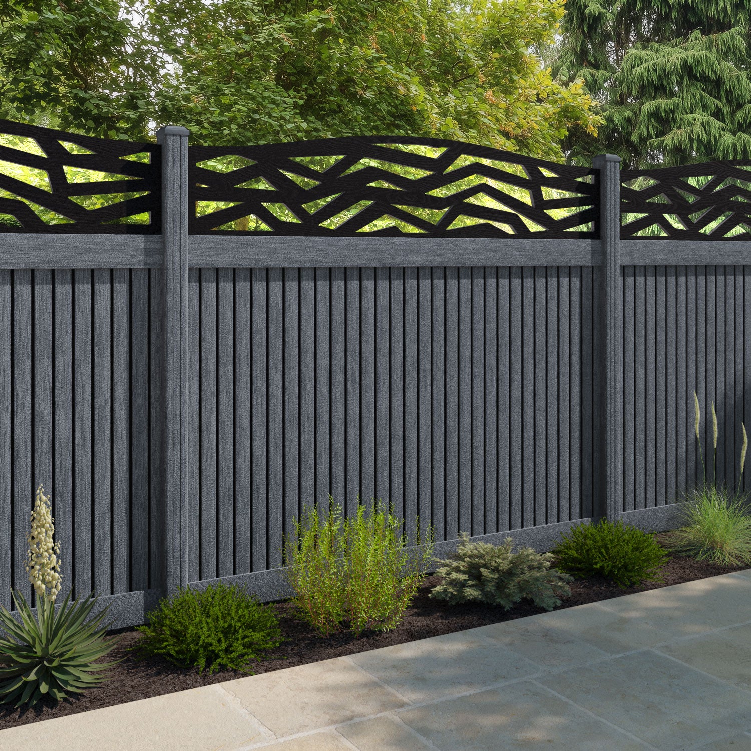 Virtis Zenith Curved Top Fence Panel - Anthracite - with our composite posts