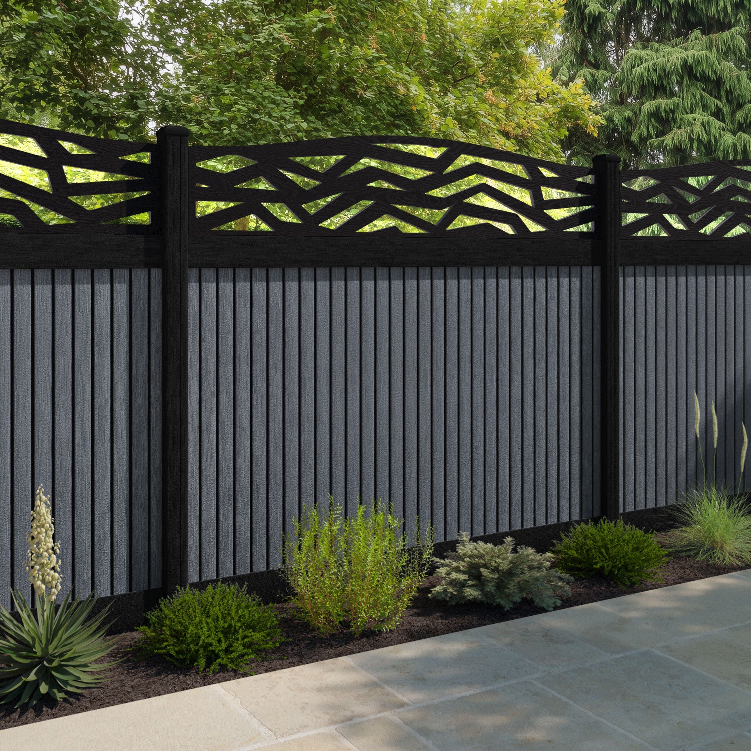 Virtis Zenith Curved Top Fence Panel - Anthracite - with our composite posts