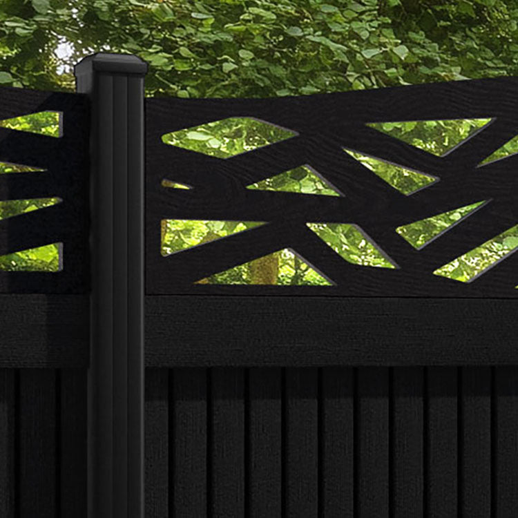 Virtis Zenith Curved Top Fence Panel - Black - with our aluminium posts