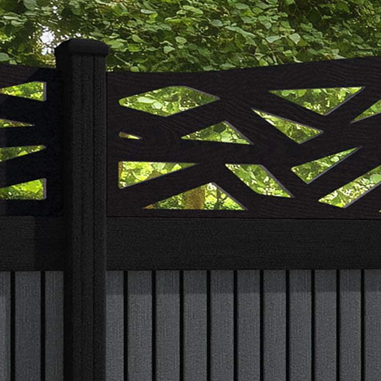 Virtis Zenith Curved Top Fence Panel - Dark Grey - with our aluminium posts