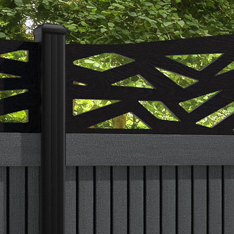 Virtis Zenith Curved Top Fence Panel - Dark Grey - with our aluminium posts