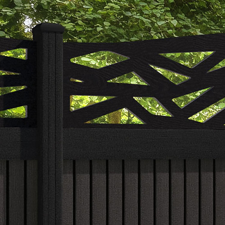 Virtis Zenith Curved Top Fence Panel - Dark Oak - with our aluminium posts
