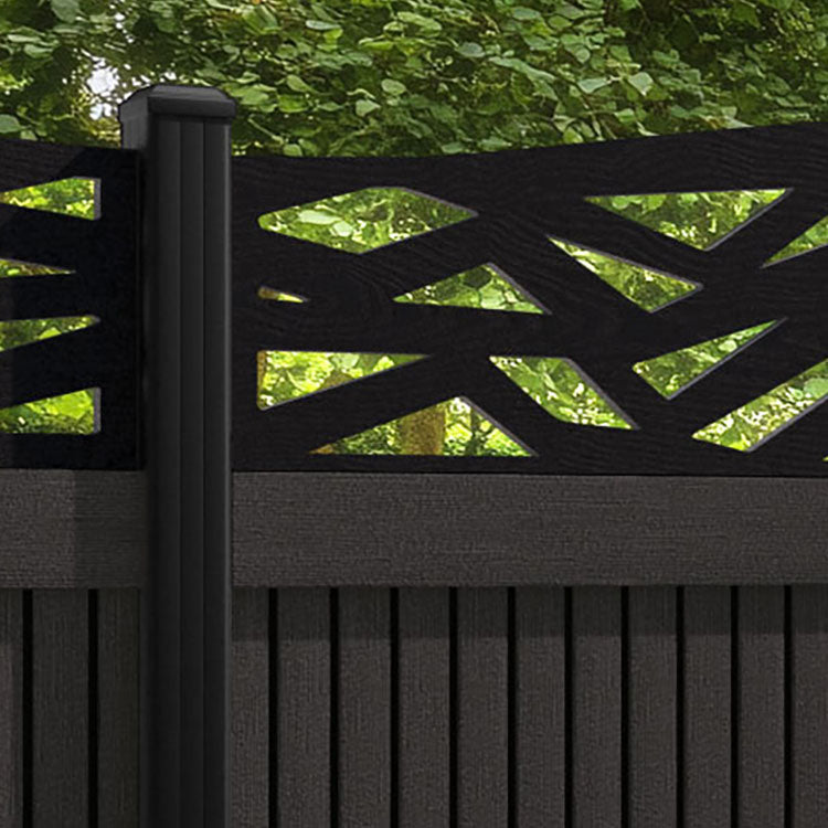 Virtis Zenith Curved Top Fence Panel - Dark Oak - with our aluminium posts