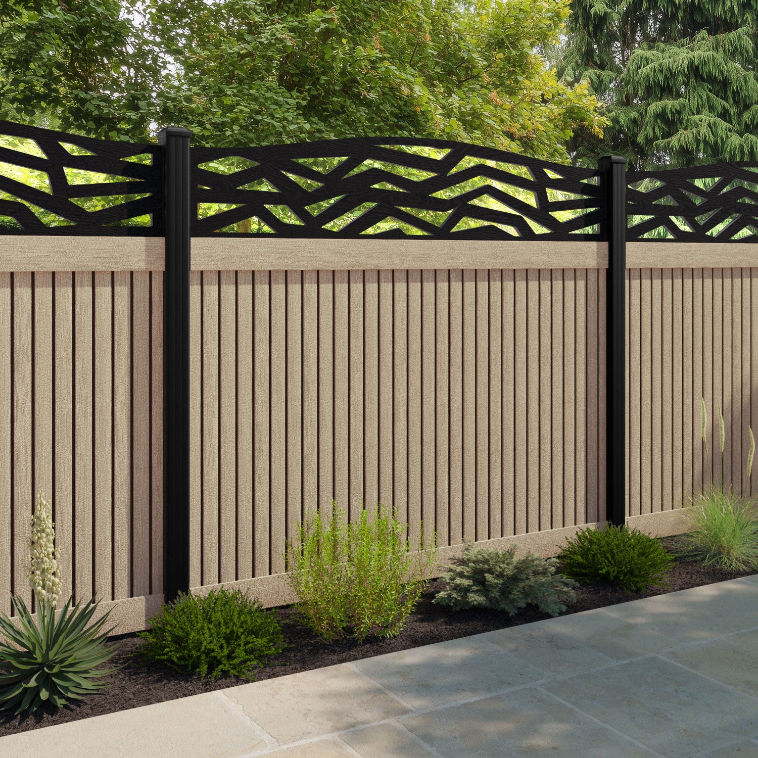 Virtis Zenith Curved Top Fence Panel - Light Oak - with our aluminium posts