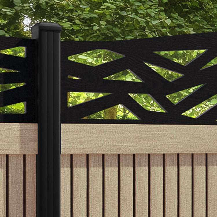 Virtis Zenith Curved Top Fence Panel - Light Oak - with our aluminium posts