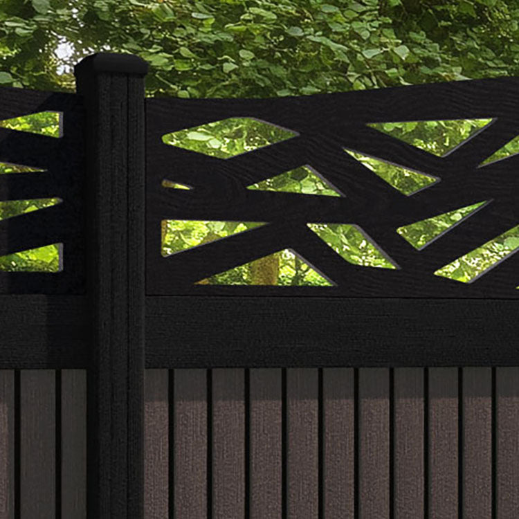 Virtis Zenith Curved Top Fence Panel - Mid Brown - with our aluminium posts