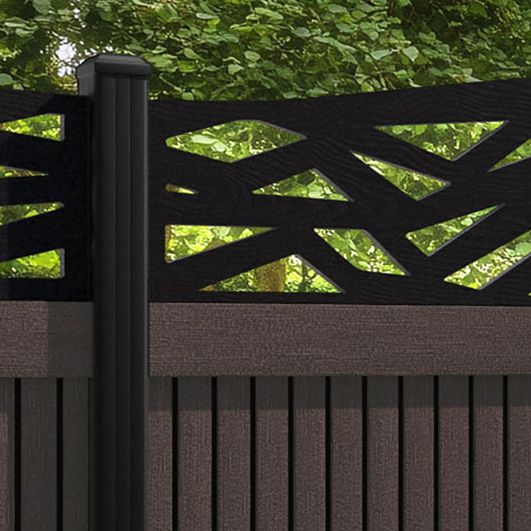 Virtis Zenith Curved Top Fence Panel - Mid Brown - with our aluminium posts
