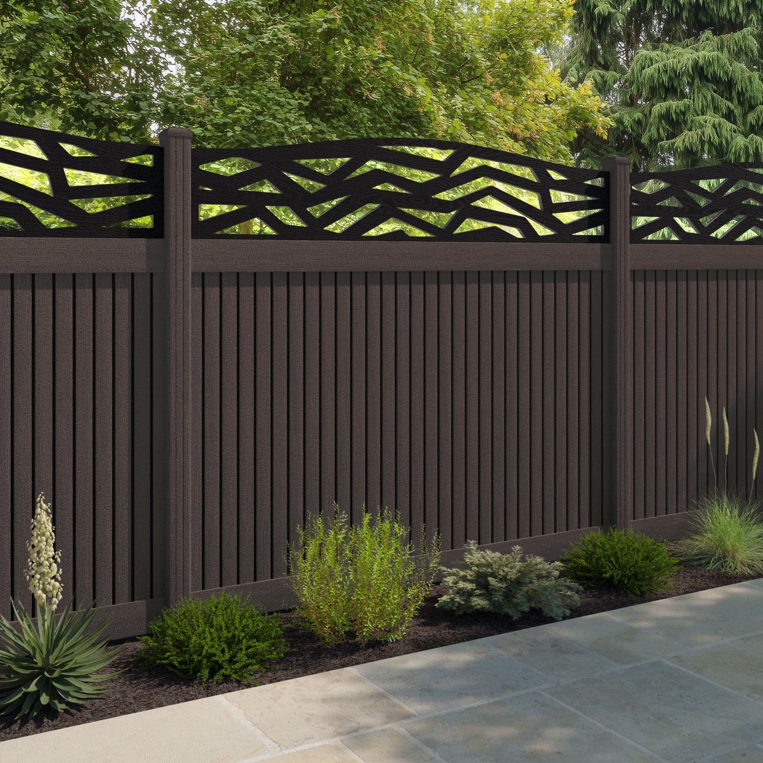 Virtis Zenith Curved Top Fence Panel - Mid Brown - with our composite posts