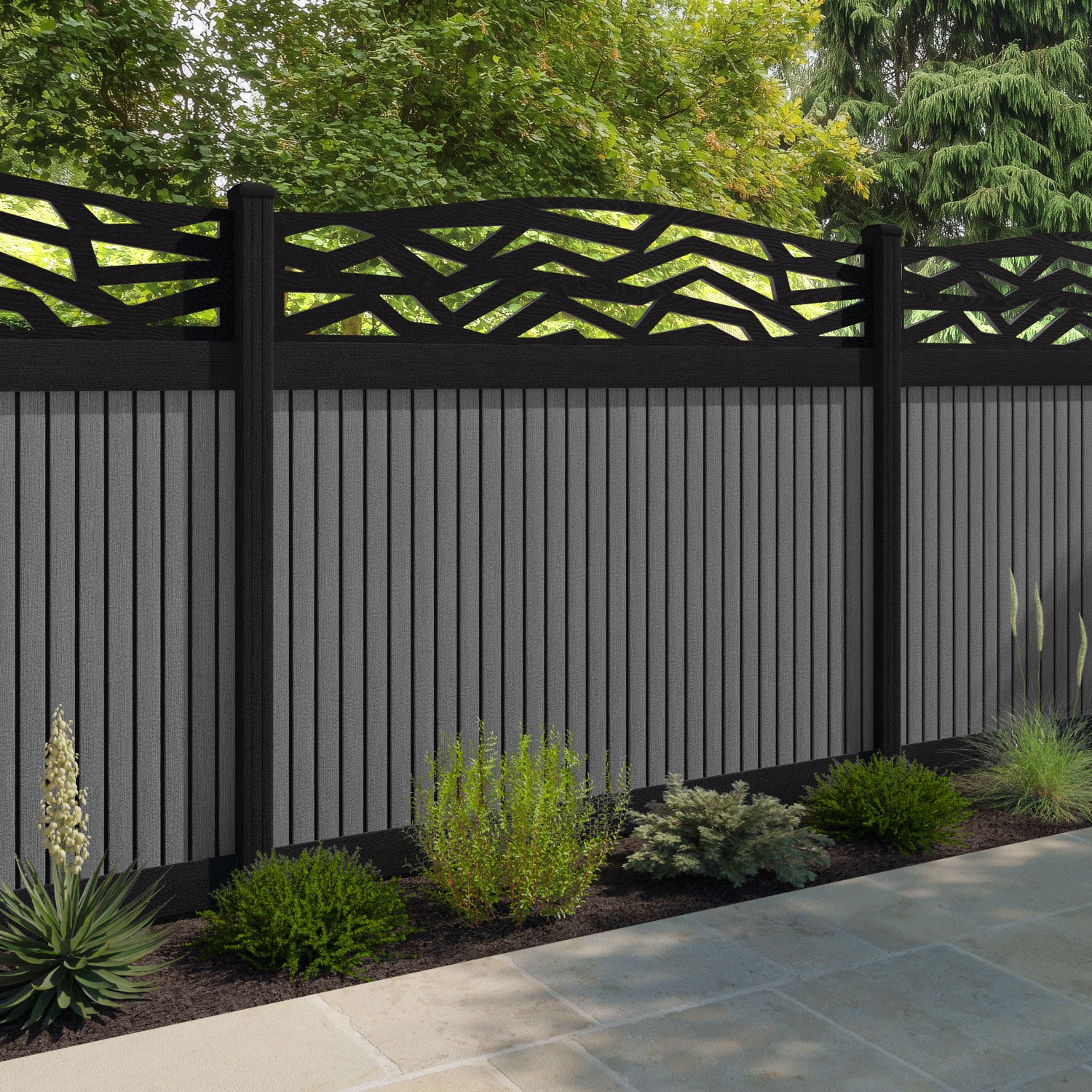 Virtis Zenith Curved Top Fence Panel - Mid Grey - with our composite posts