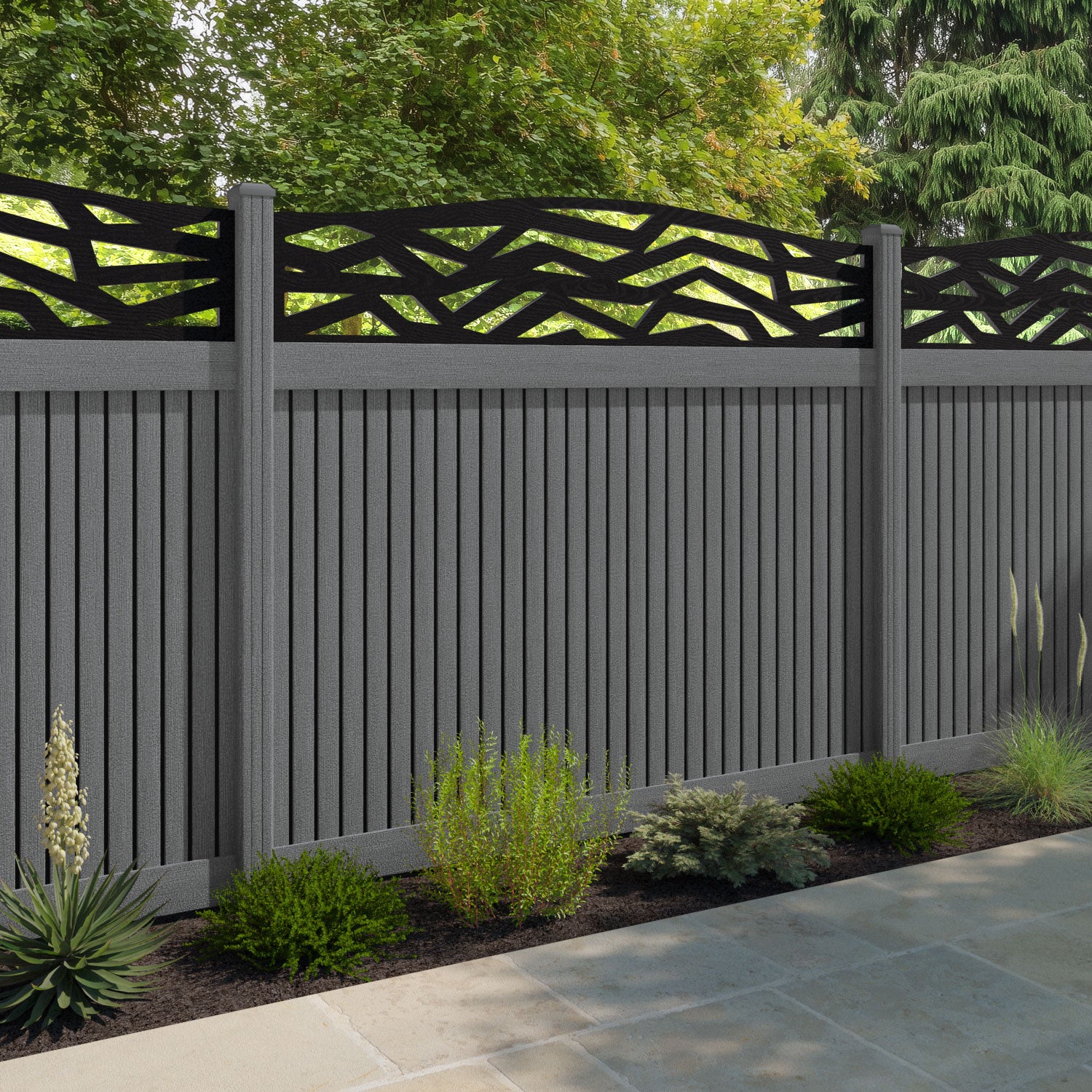 Virtis Zenith Curved Top Fence Panel - Mid Grey - with our composite posts