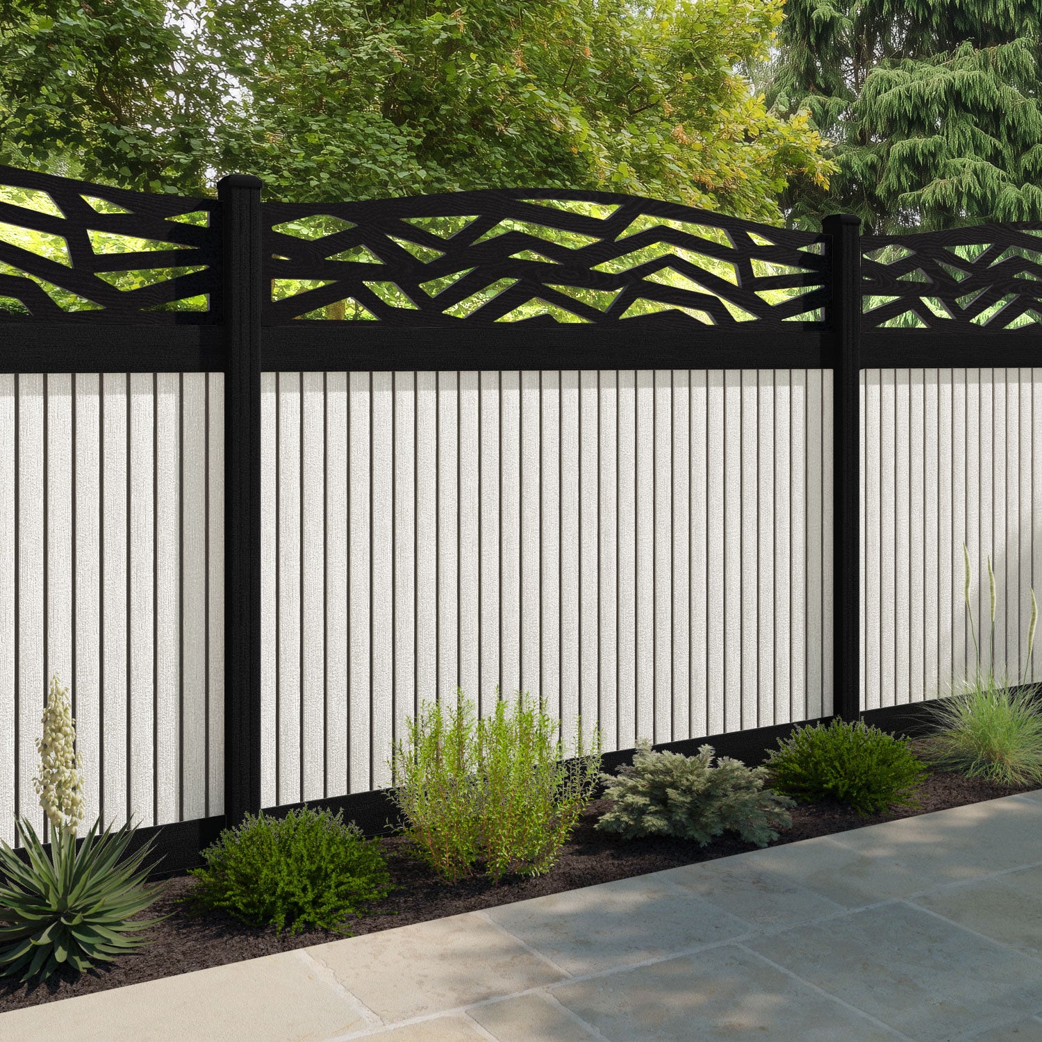 Virtis Zenith Curved Top Fence Panel - Light Stone - with our composite posts