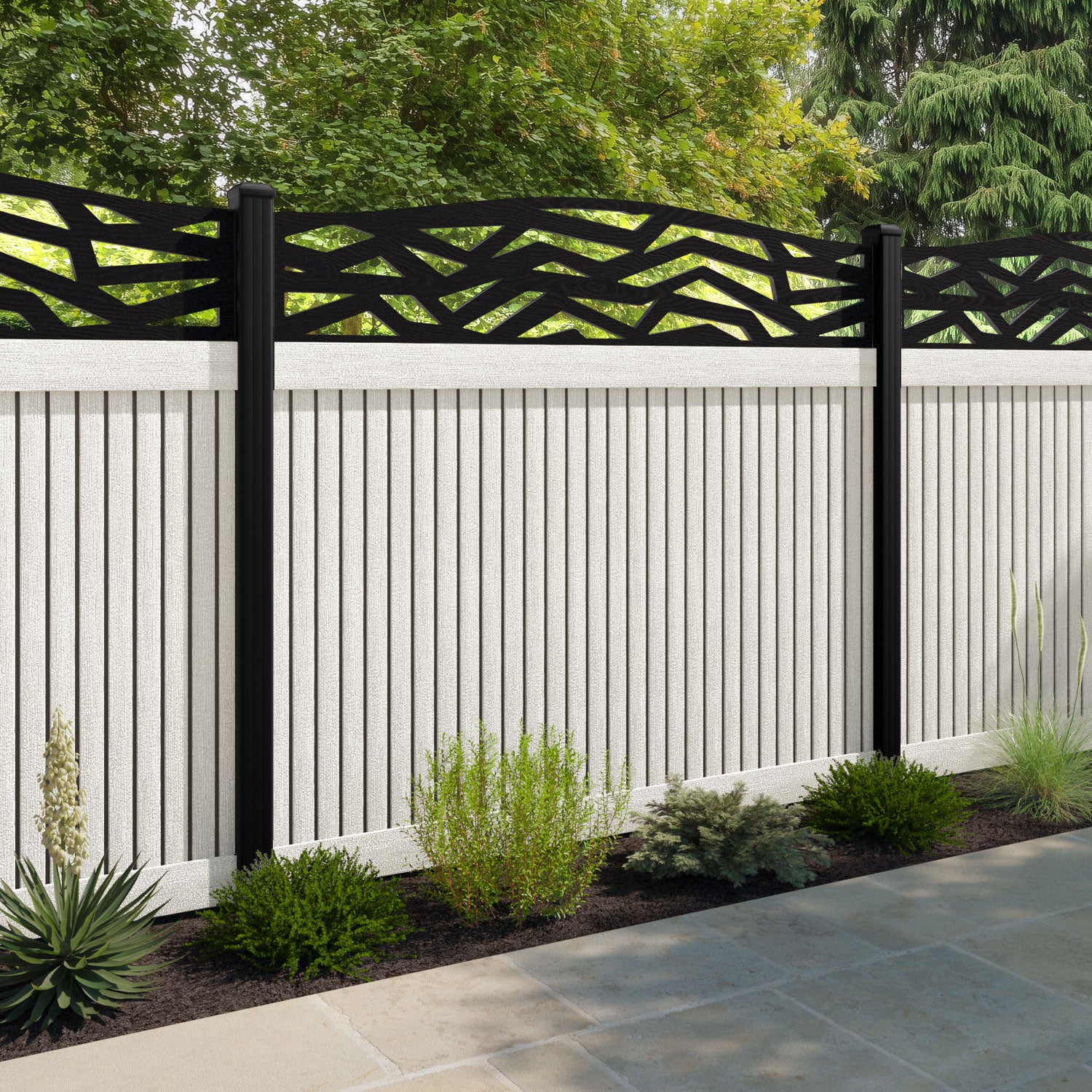 Virtis Zenith Curved Top Fence Panel - Light Stone - with our composite posts
