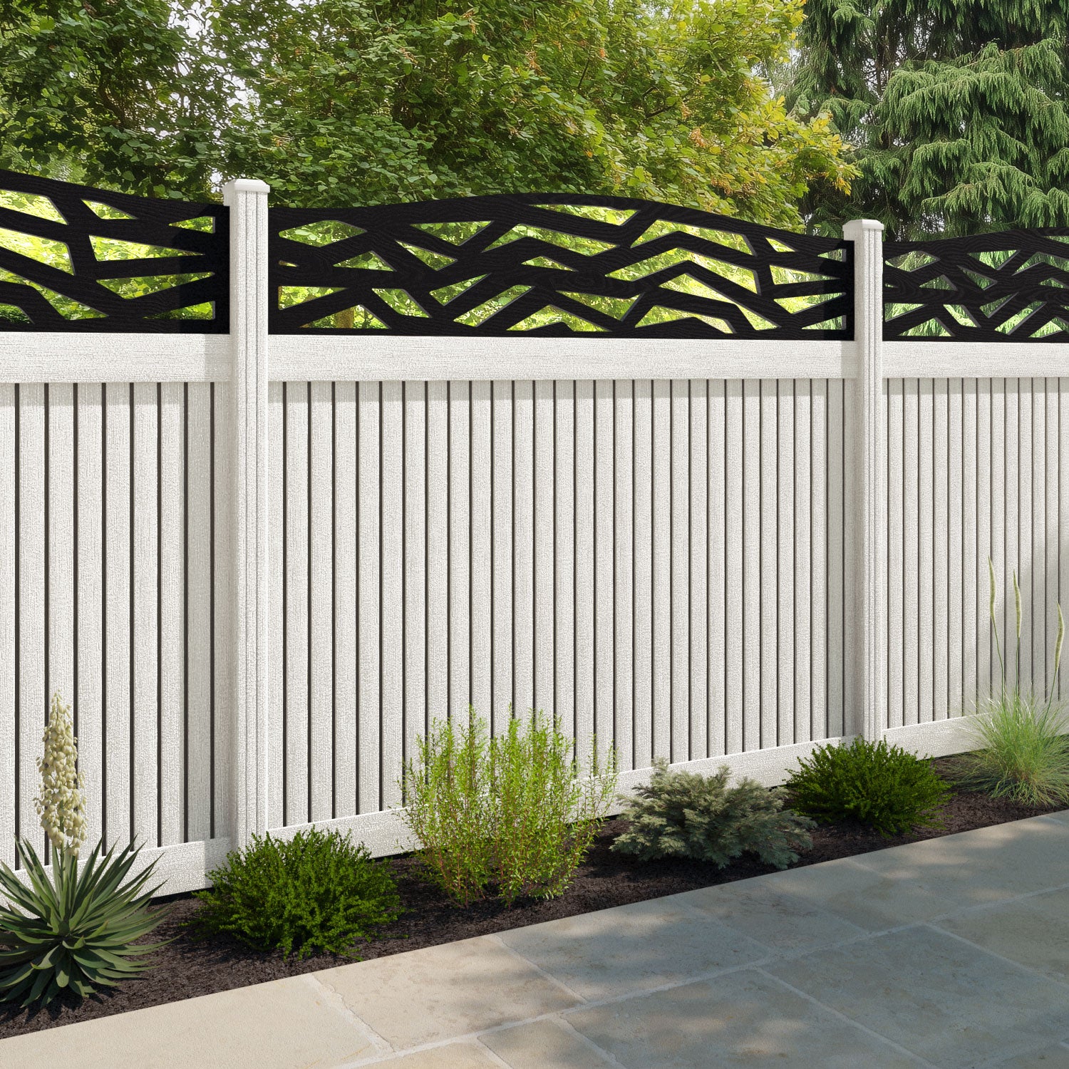 Virtis Zenith Curved Top Fence Panel - Light Stone - with our composite posts