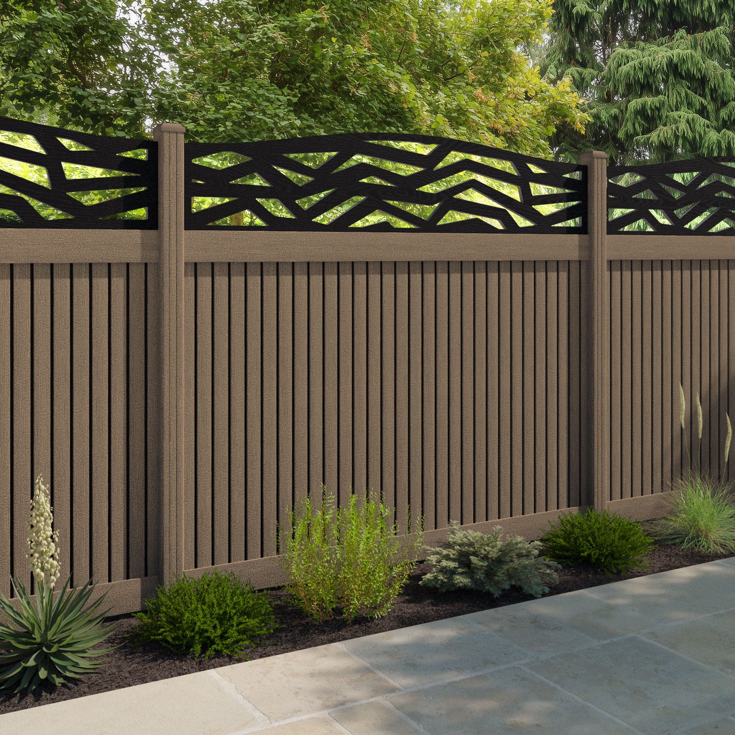 Virtis Zenith Curved Top Fence Panel - Teak - with our composite posts