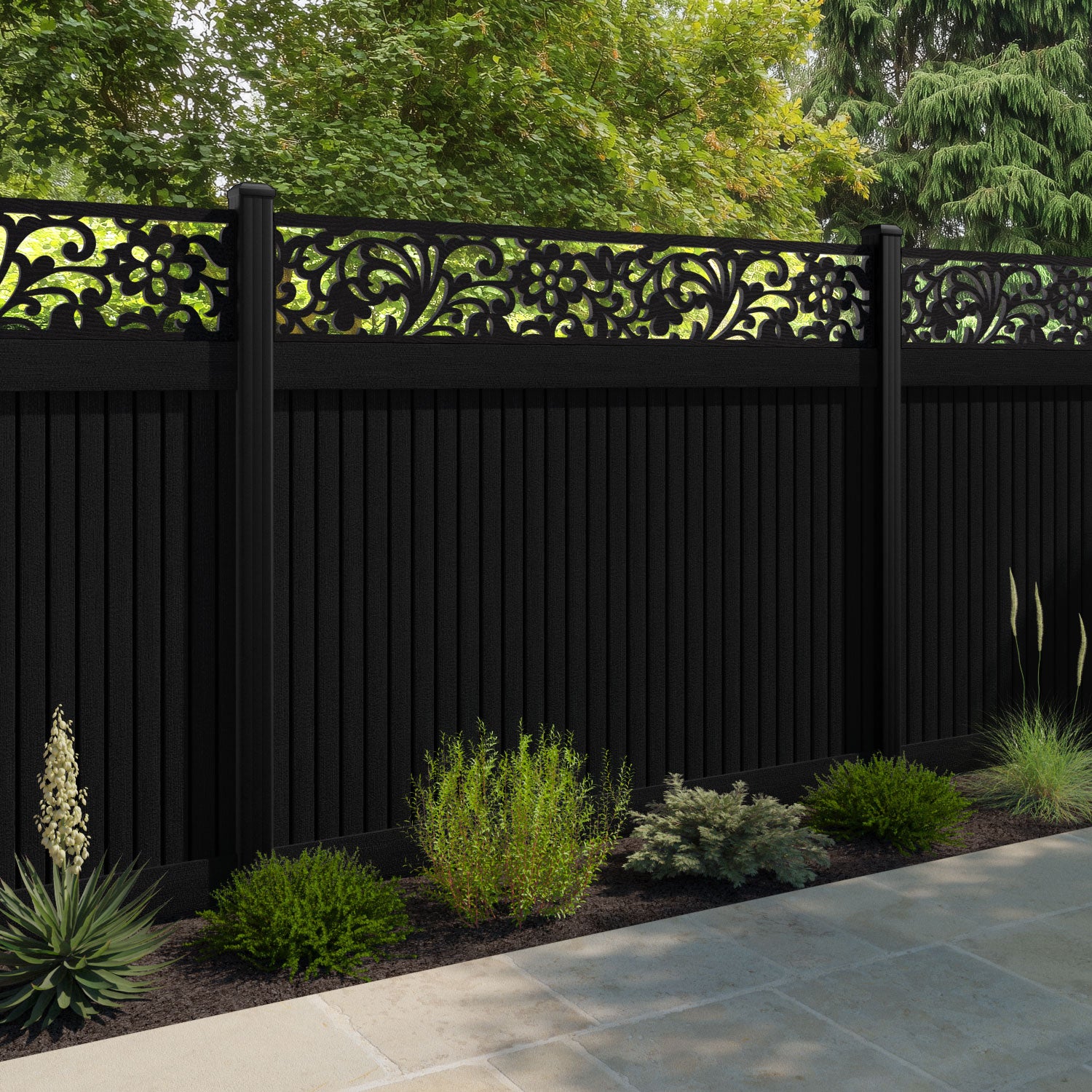 Virtis Eden Fence Panel - Black - with our aluminium posts