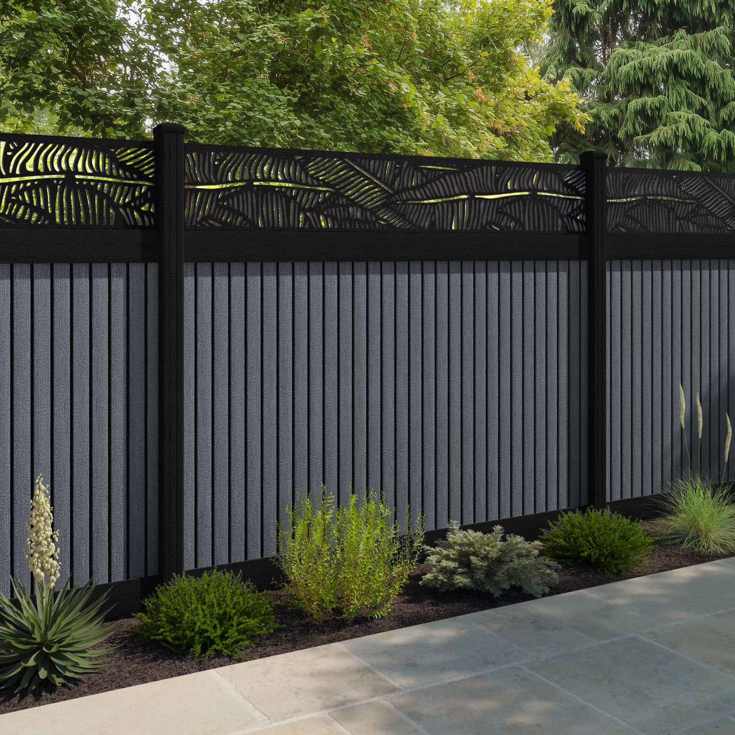 Virtis Feather Fence Panel - Anthracite - with our aluminium posts