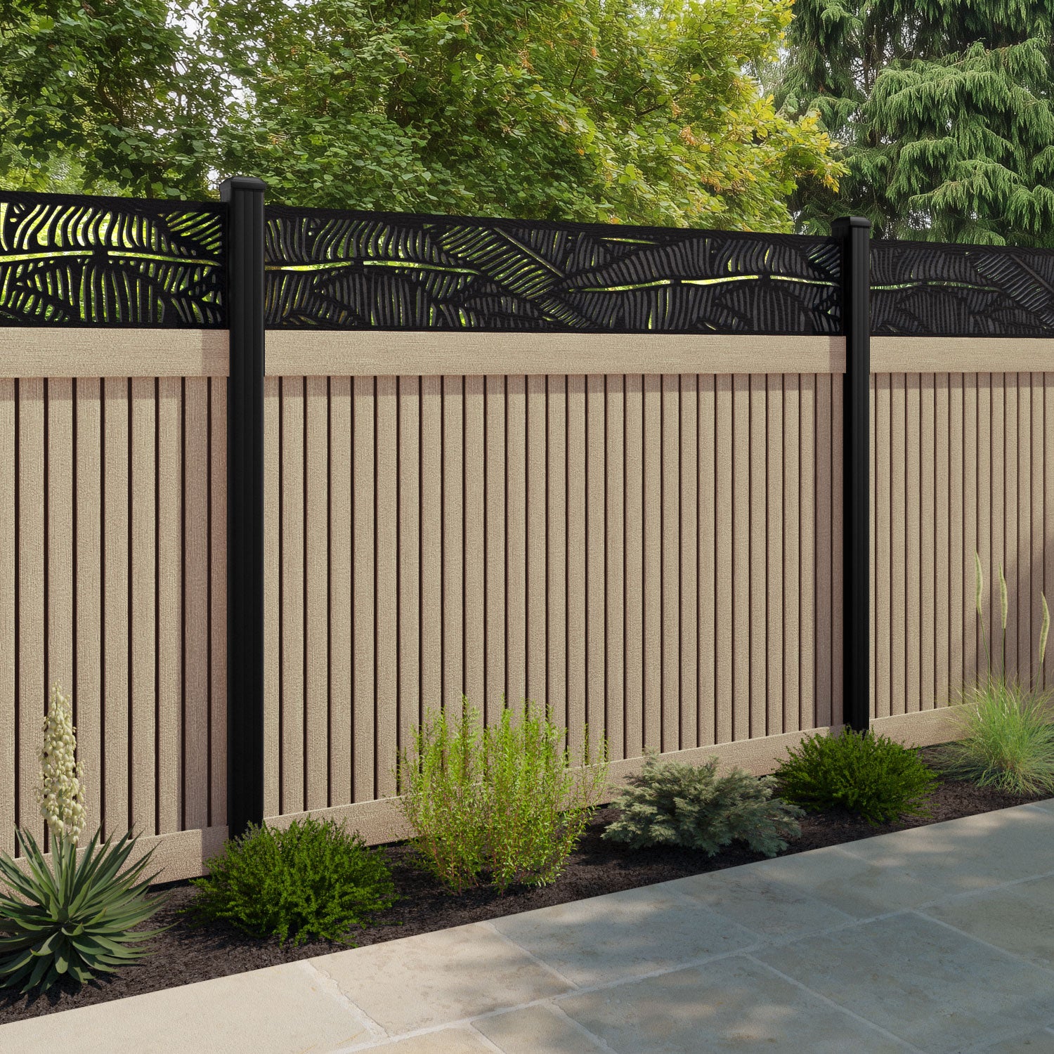Virtis Feather Fence Panel - Light Oak - with our aluminium posts