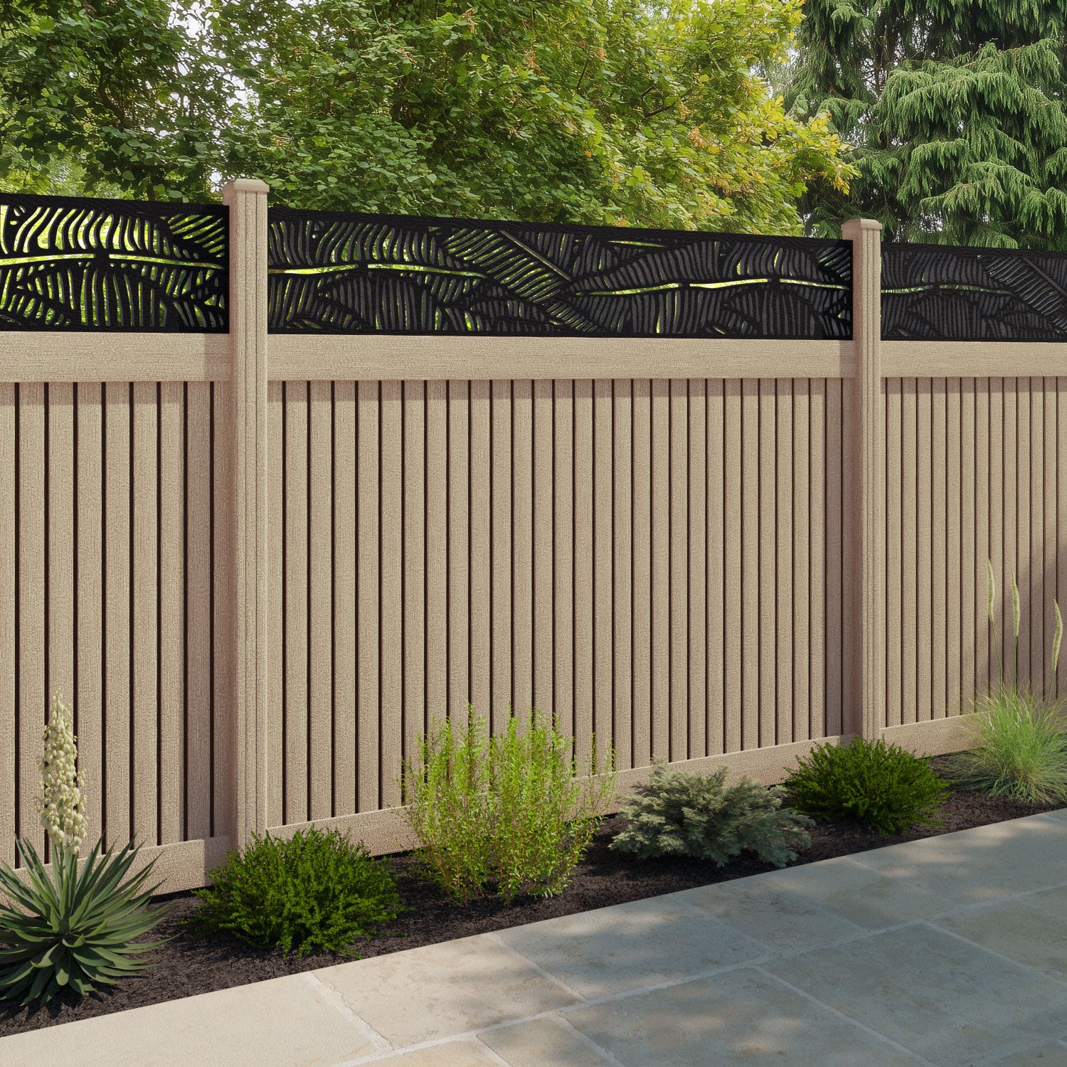 Virtis Feather Fence Panel - Light Oak - with our composite posts