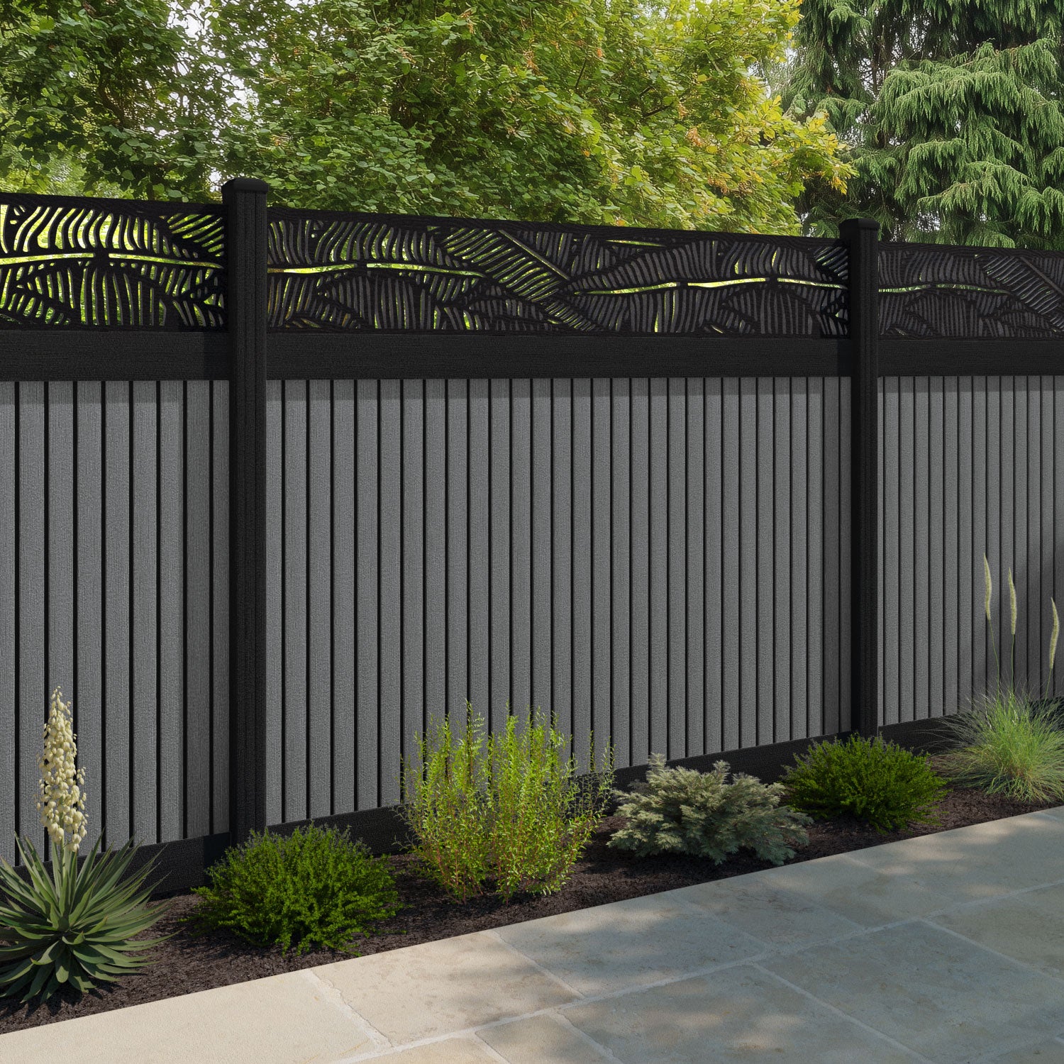 Virtis Feather Fence Panel - Mid Grey - with our aluminium posts