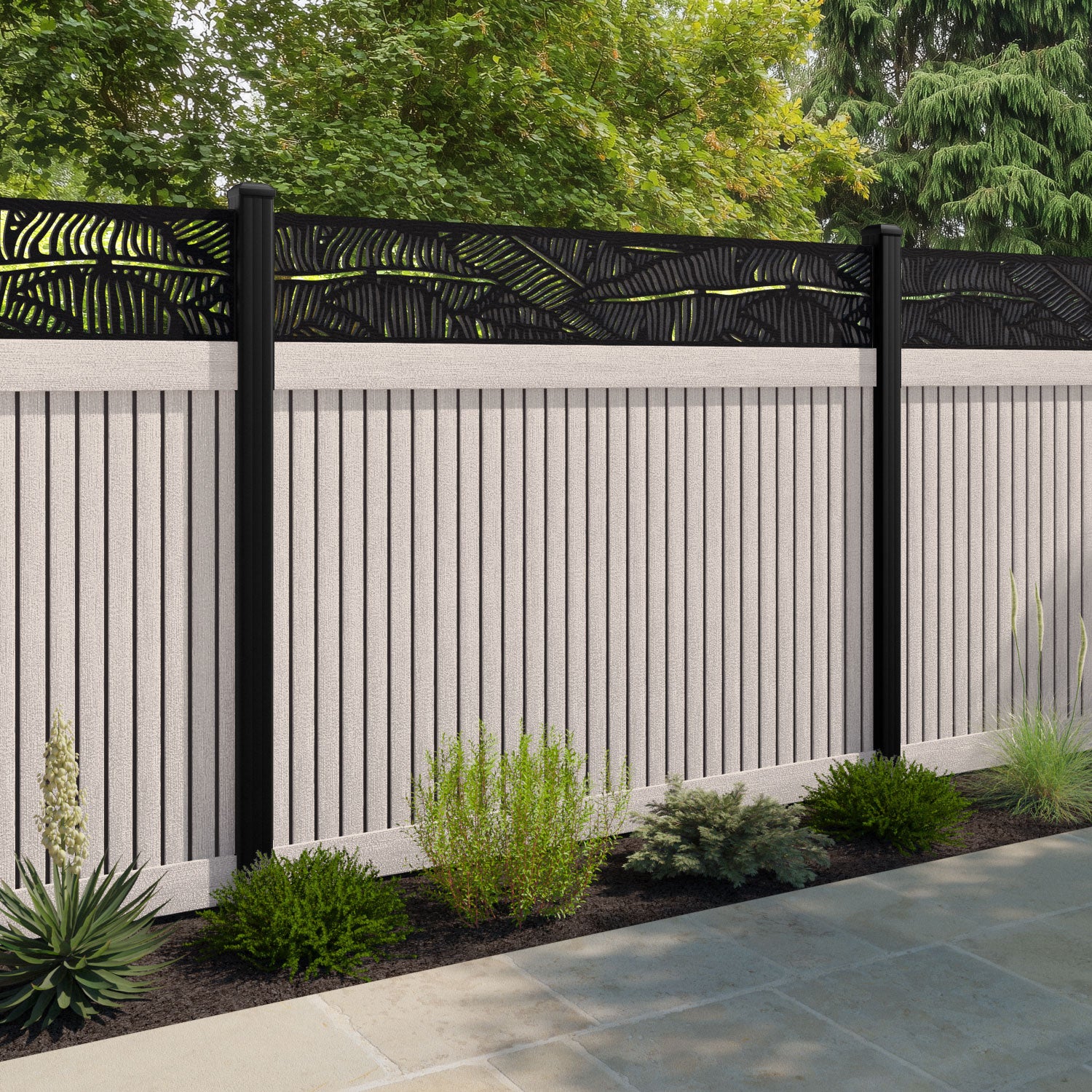 Virtis Feather Fence Panel - Mid Stone - with our composite posts