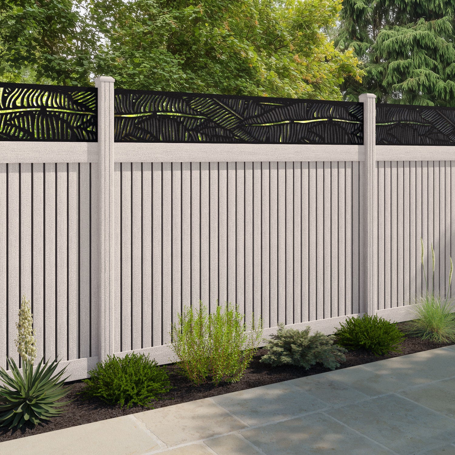 Virtis Feather Fence Panel - Mid Stone - with our composite posts