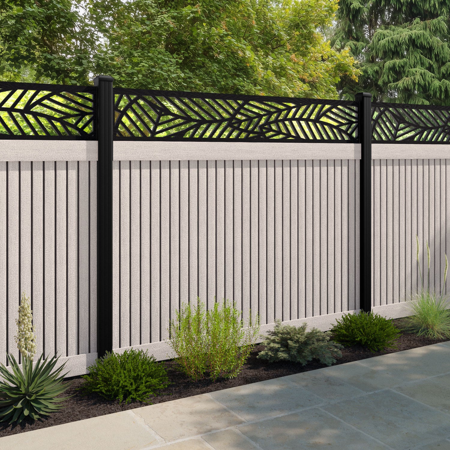 Virtis Habitat Fence Panel - Mid Stone - with our aluminium posts