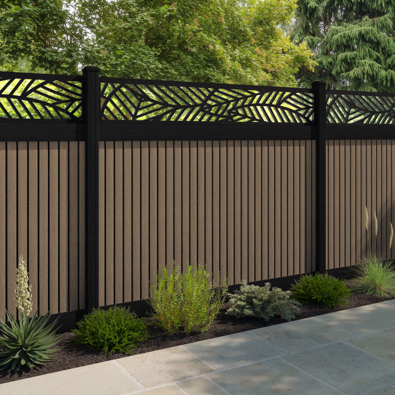 Virtis Habitat Fence Panel - Teak - with our aluminium posts
