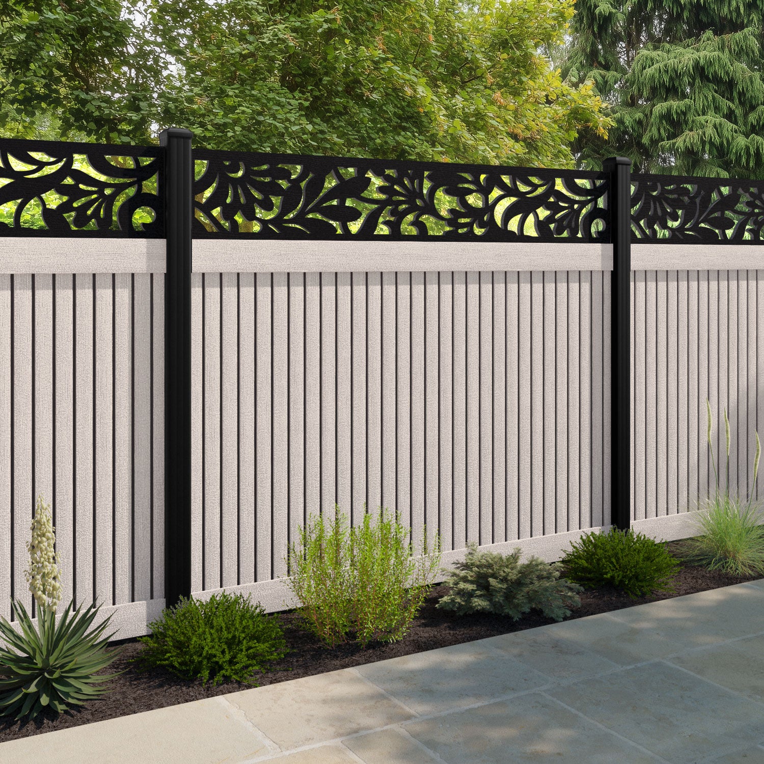 Virtis Heritage Fence Panel - Mid Stone - with our aluminium posts