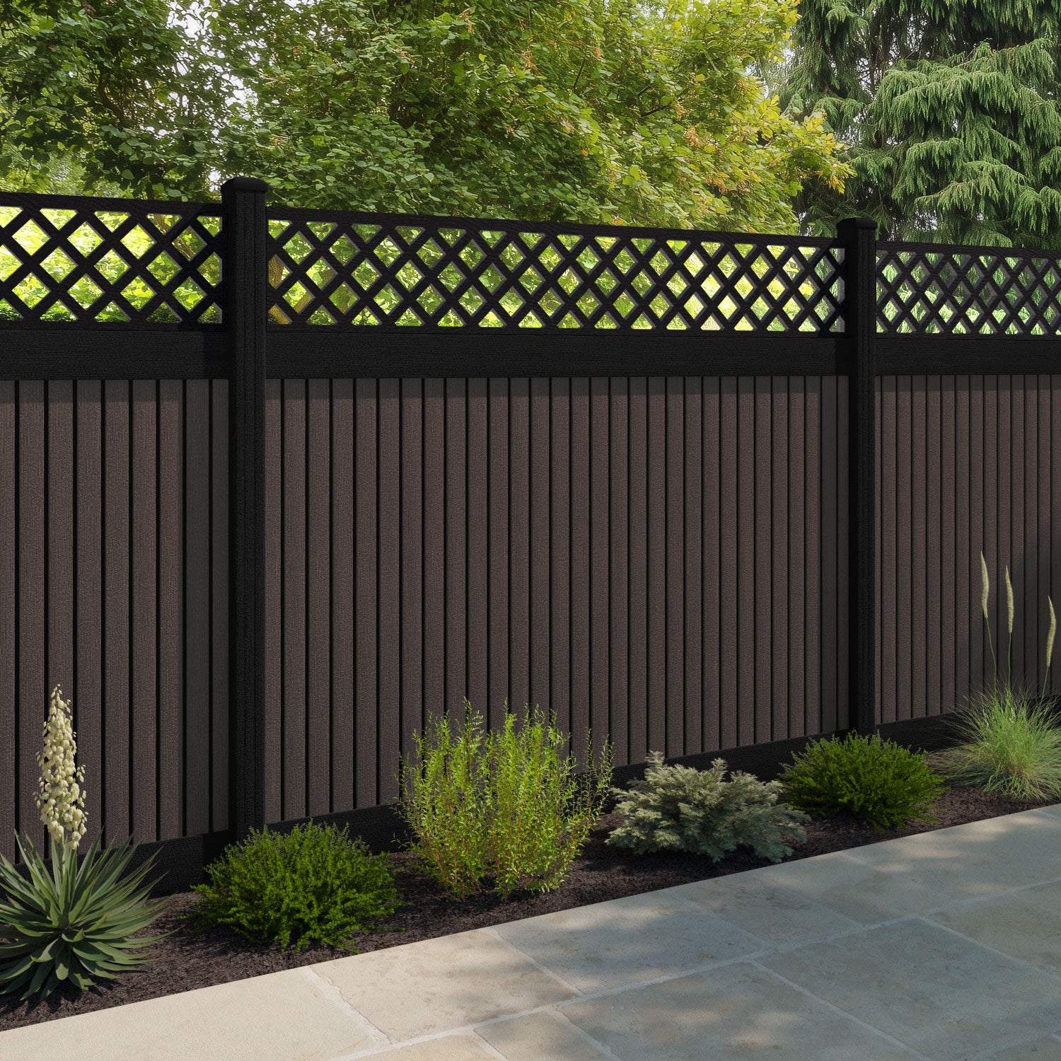 Virtis Hive Fence Panel - Mid Brown - with our aluminium posts