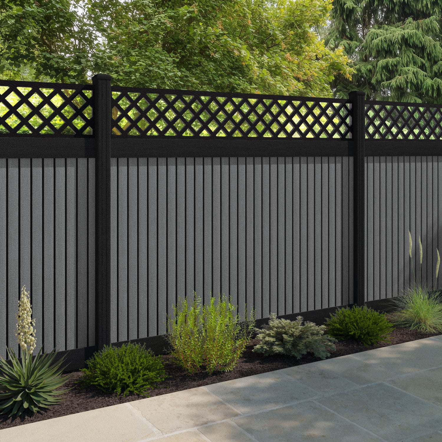 Virtis Hive Fence Panel - Mid Grey - with our aluminium posts