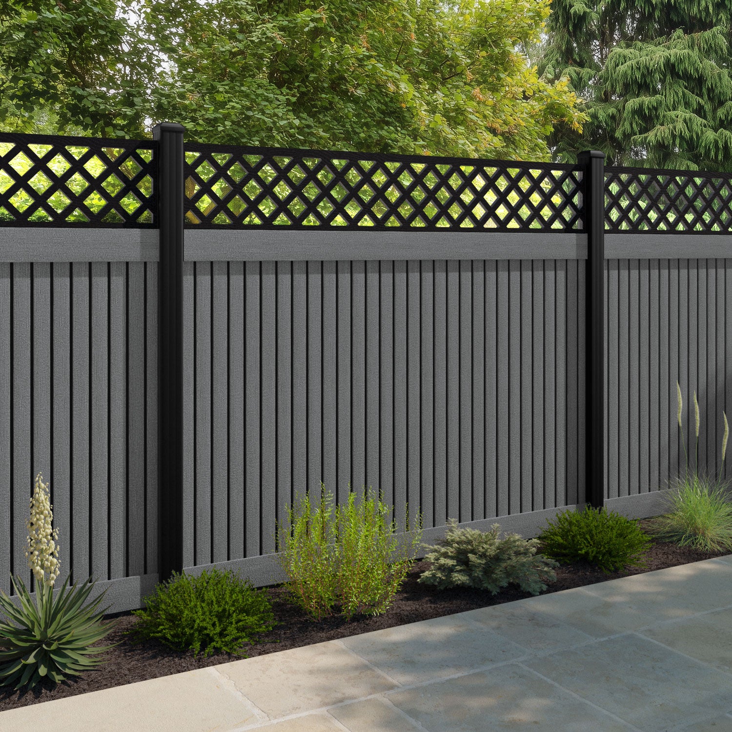 Virtis Hive Fence Panel - Mid Grey - with our aluminium posts