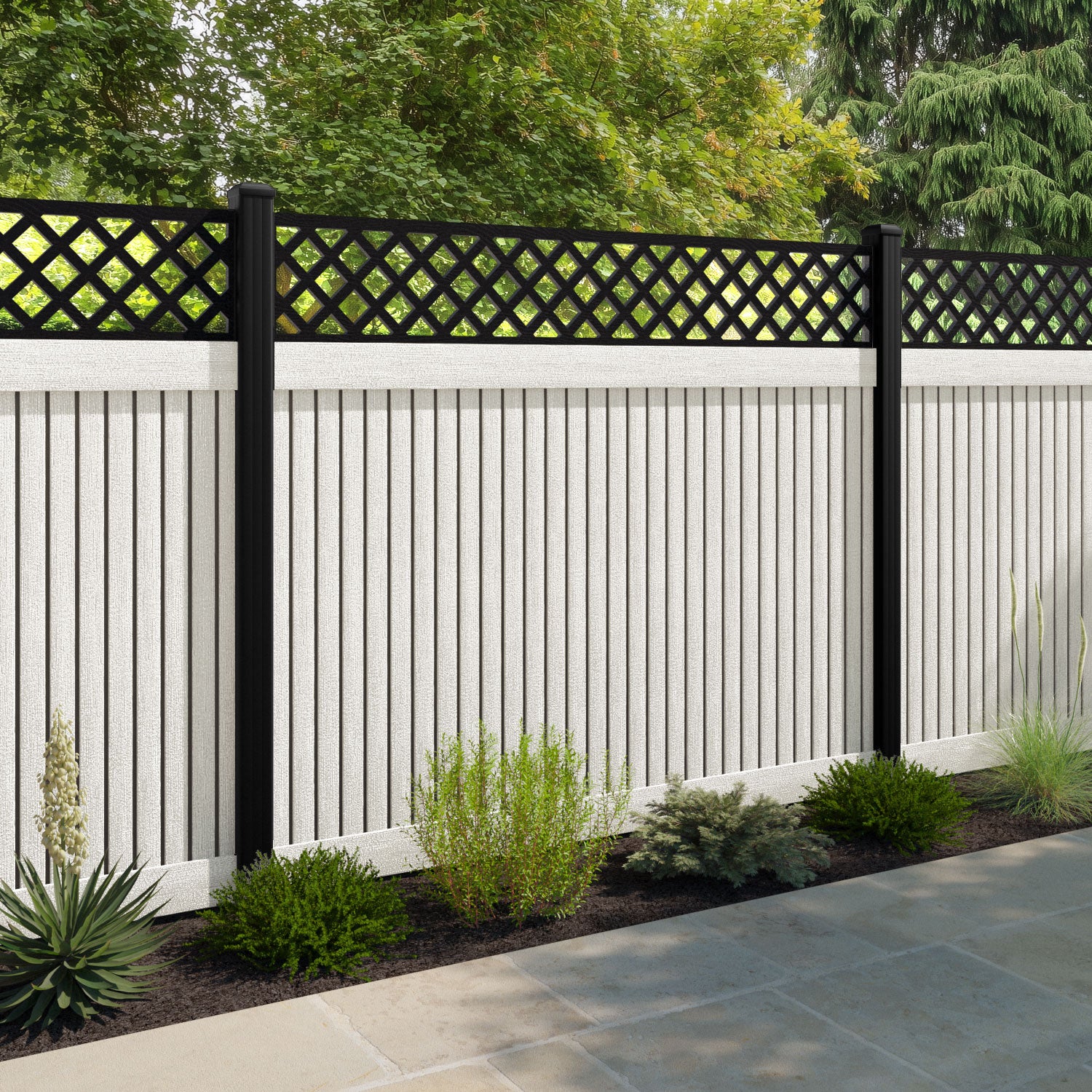 Virtis Hive Fence Panel - Light Stone - with our aluminium posts