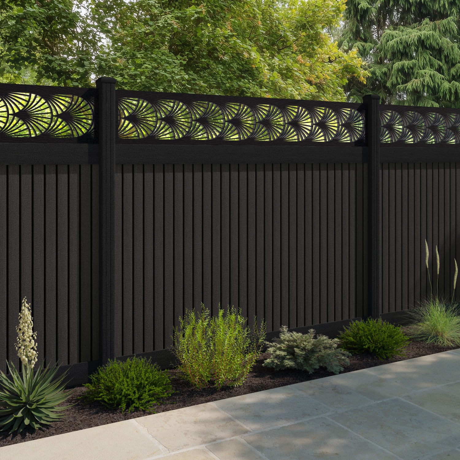 Virtis Laurel Fence Panel - Dark Oak - with our aluminium posts