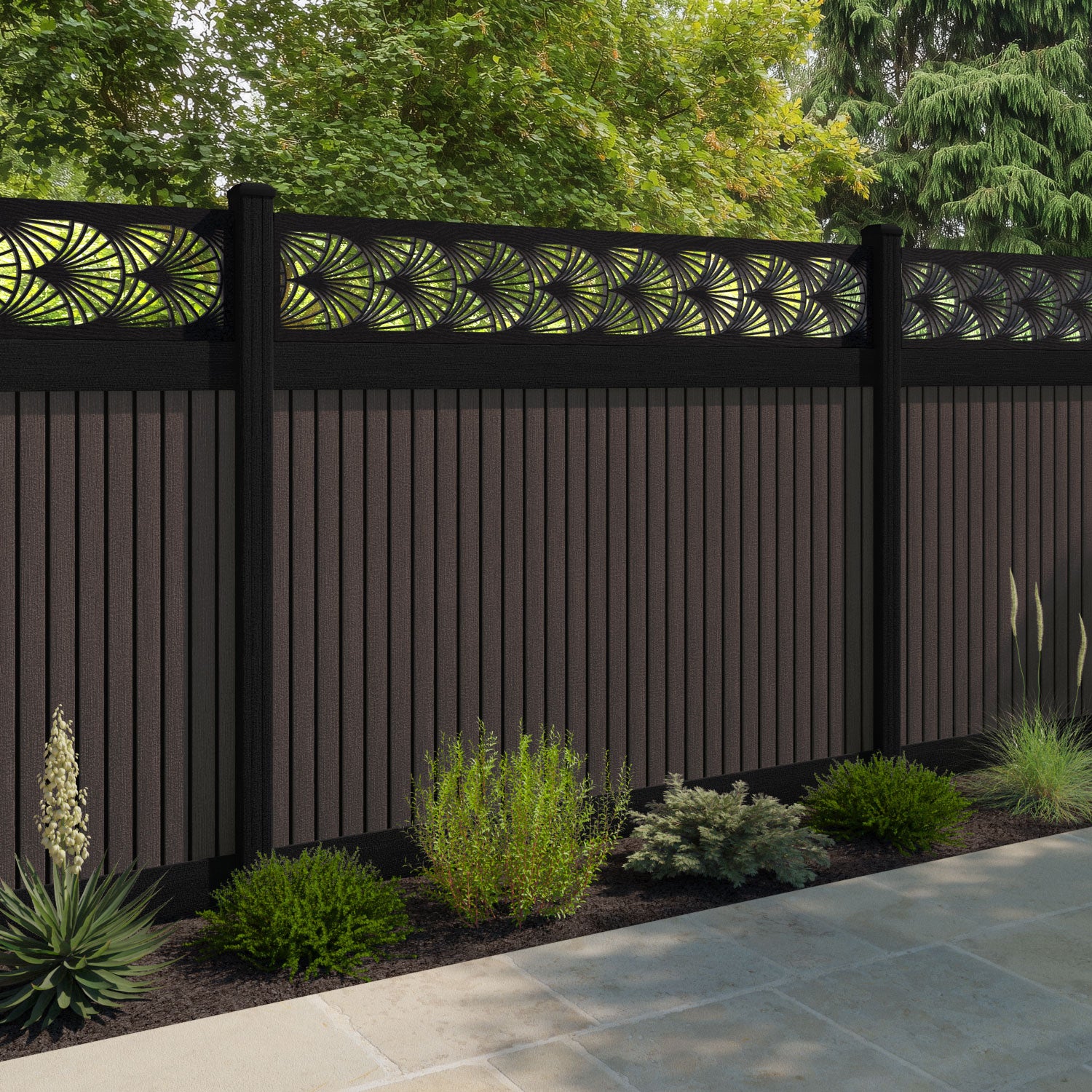 Virtis Laurel Fence Panel - Mid Brown - with our aluminium posts