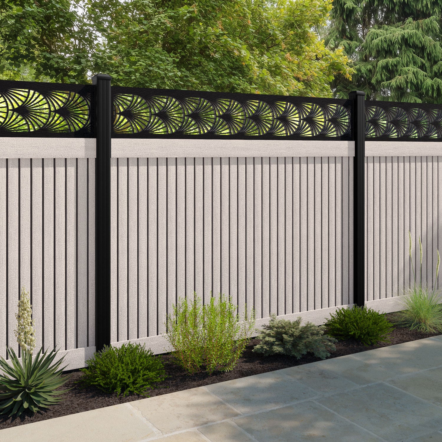 Virtis Laurel Fence Panel - Mid Stone - with our aluminium posts