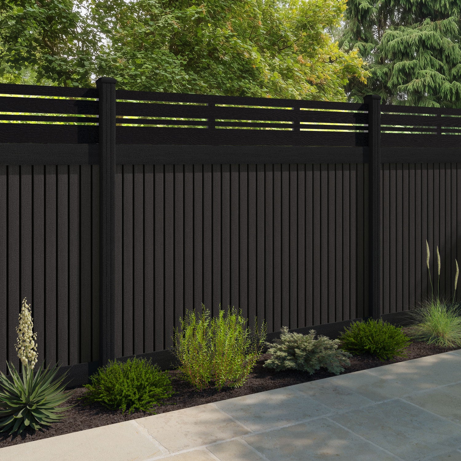 Virtis Linea Fence Panel - Dark Oak - with our aluminium posts