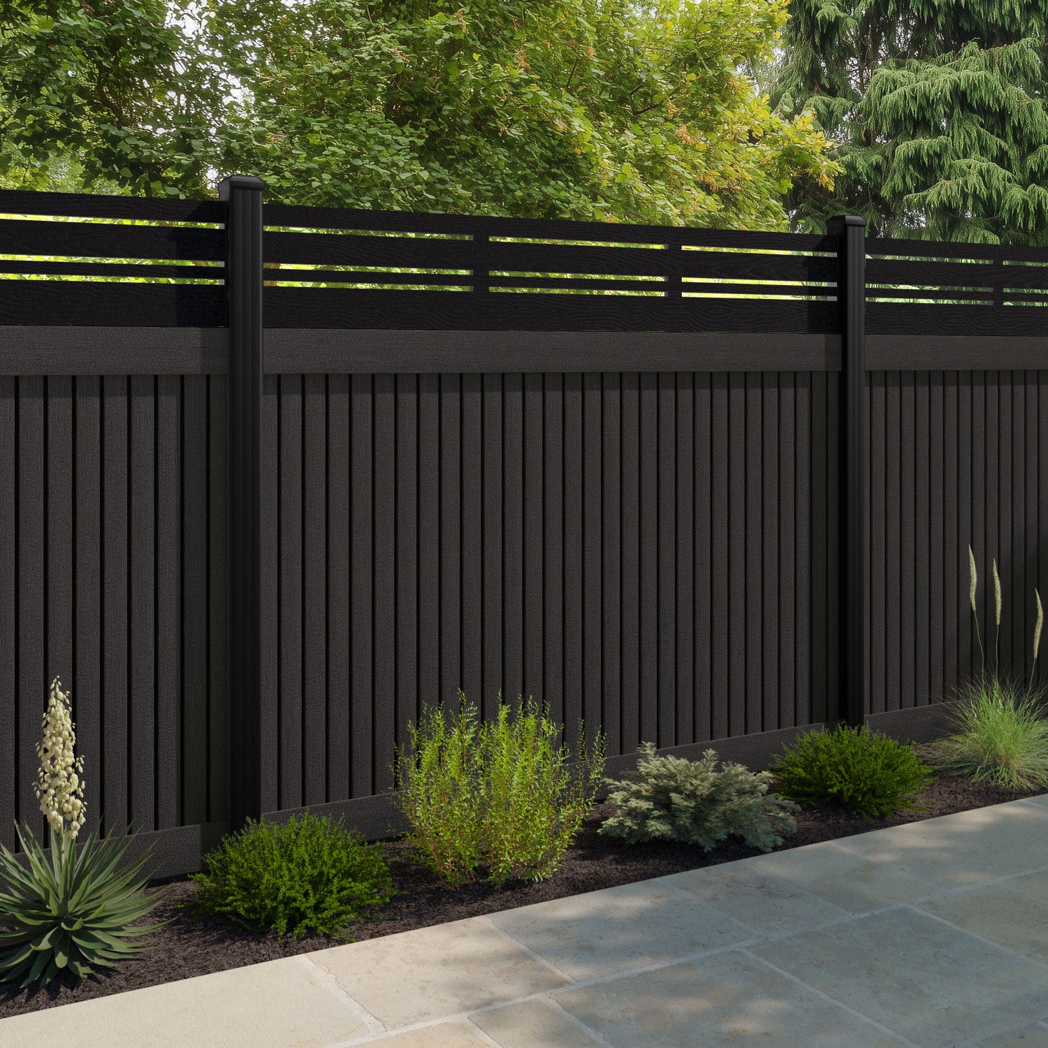 Virtis Linea Fence Panel - Dark Oak - with our aluminium posts