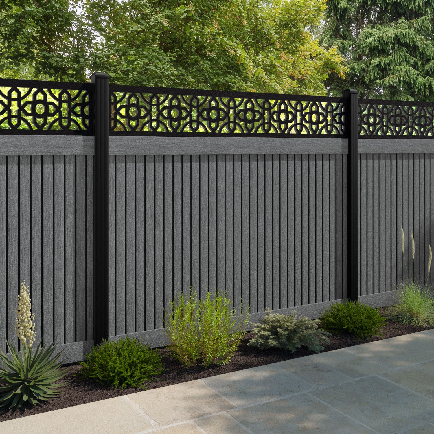 Virtis Nabila Fence Panel - Mid Grey - with our aluminium posts