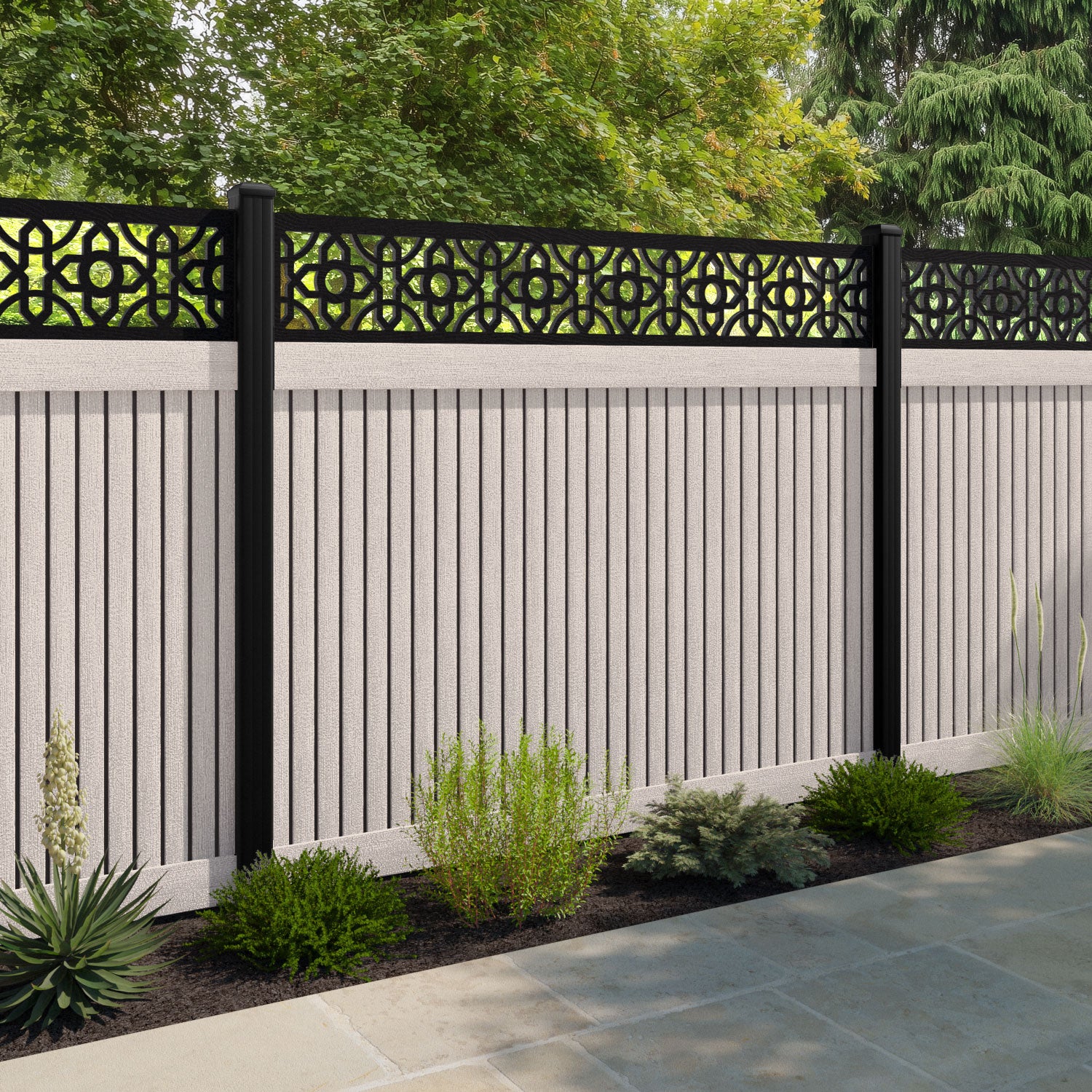 Virtis Nabila Fence Panel - Mid Stone - with our aluminium posts