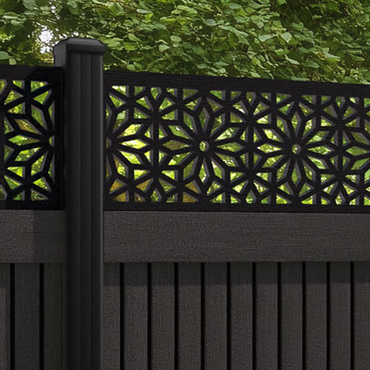 Virtis Narwa Fence Panel - Dark Oak - with our aluminium posts