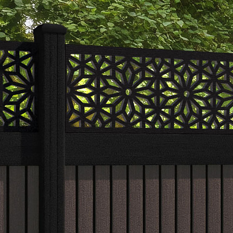 Virtis Narwa Fence Panel - Mid Brown - with our aluminium posts