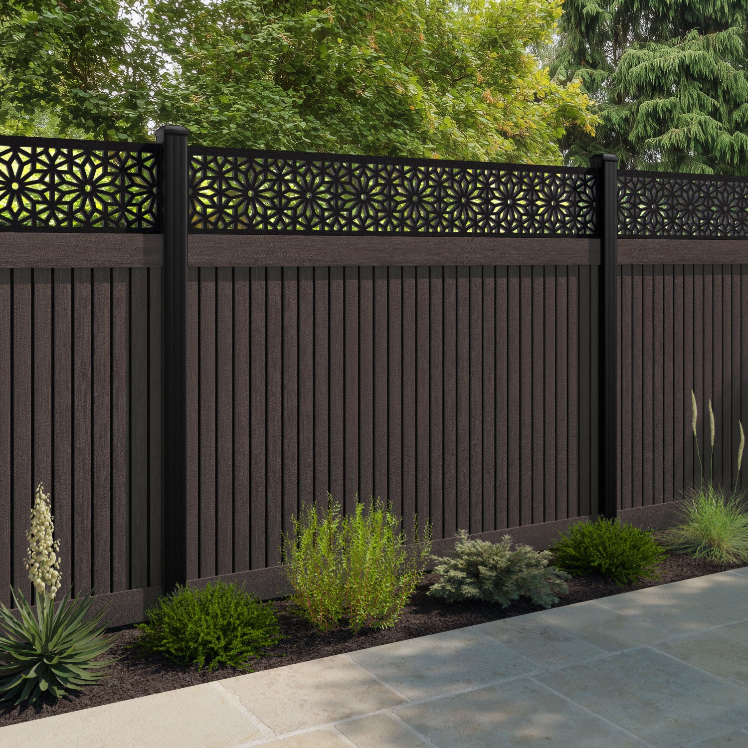 Virtis Narwa Fence Panel - Mid Brown - with our aluminium posts