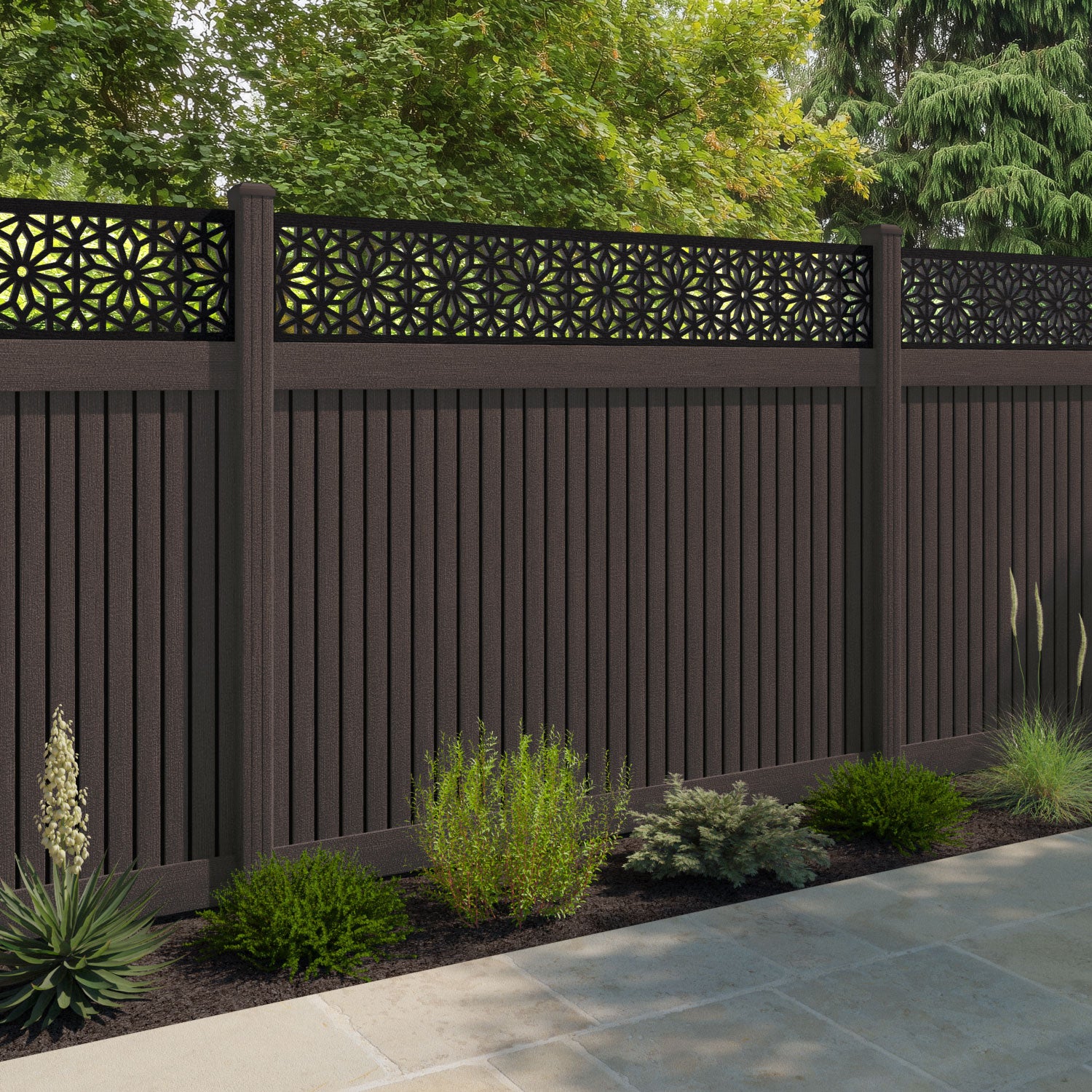 Virtis Narwa Fence Panel - Mid Brown - with our composite posts