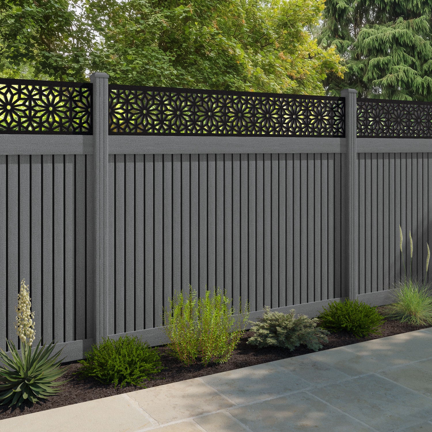 Virtis Narwa Fence Panel - Mid Grey - with our composite posts