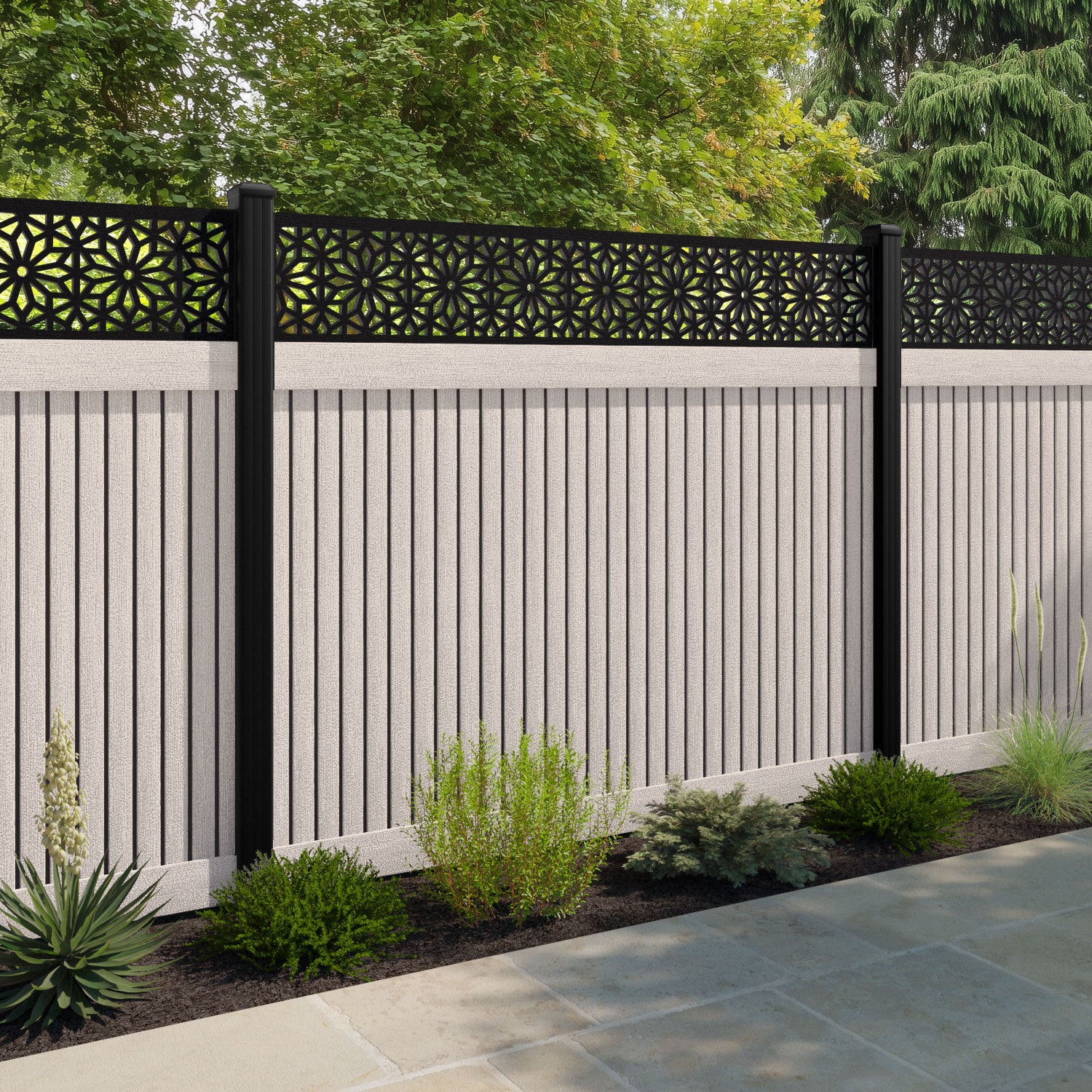 Virtis Narwa Fence Panel - Mid Stone - with our aluminium posts