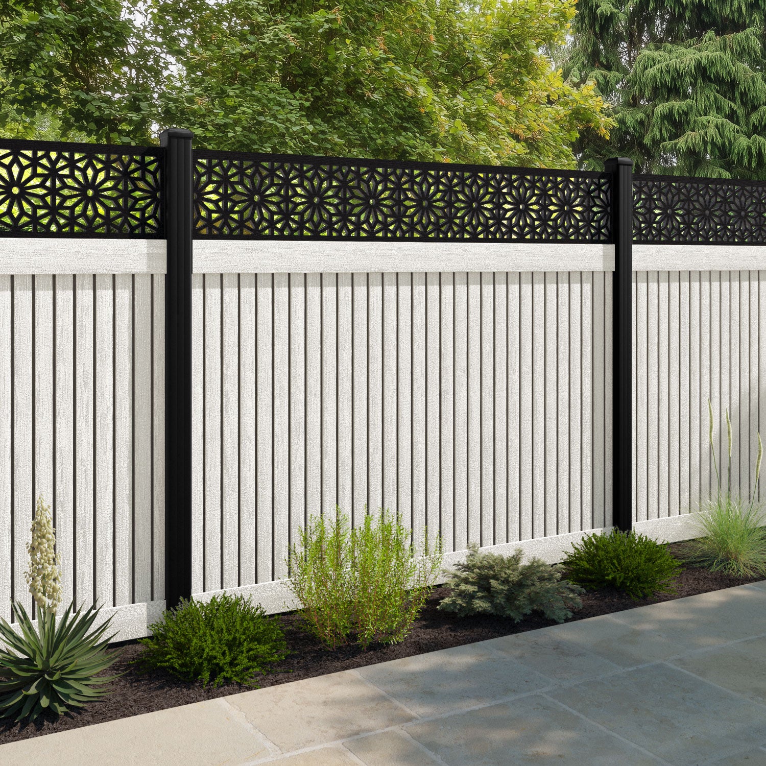 Virtis Narwa Fence Panel - Light Stone - with our aluminium posts