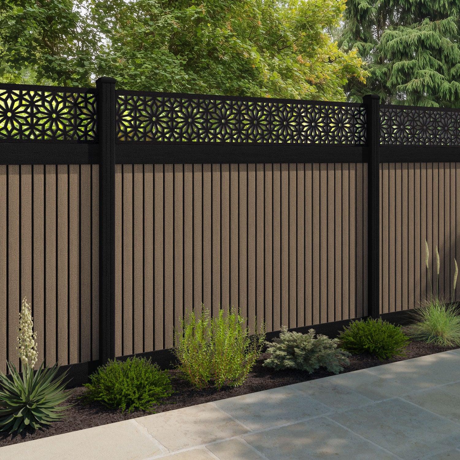 Virtis Narwa Fence Panel - Teak - with our composite posts