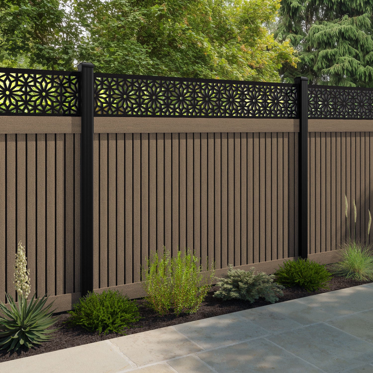 Virtis Narwa Fence Panel - Teak - with our composite posts