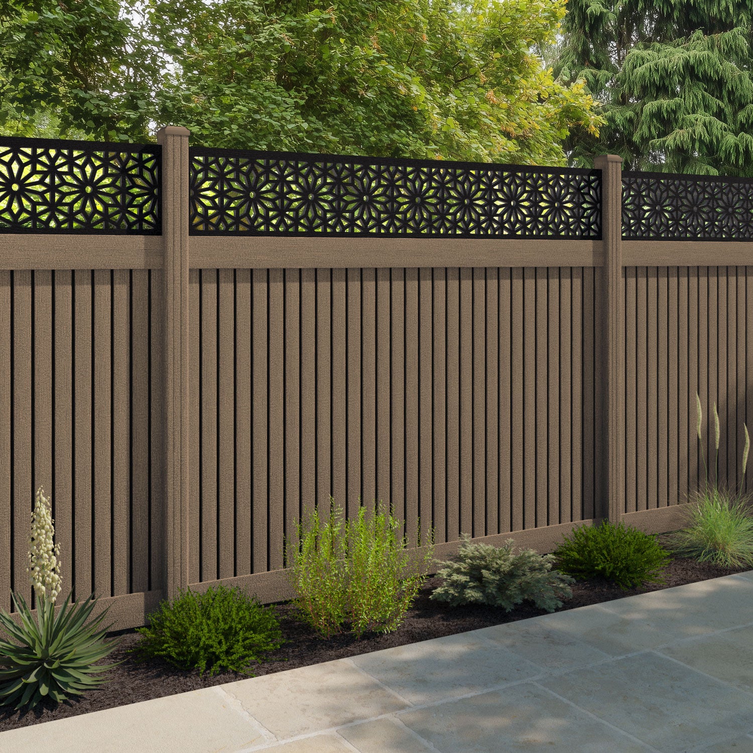 Virtis Narwa Fence Panel - Teak - with our composite posts
